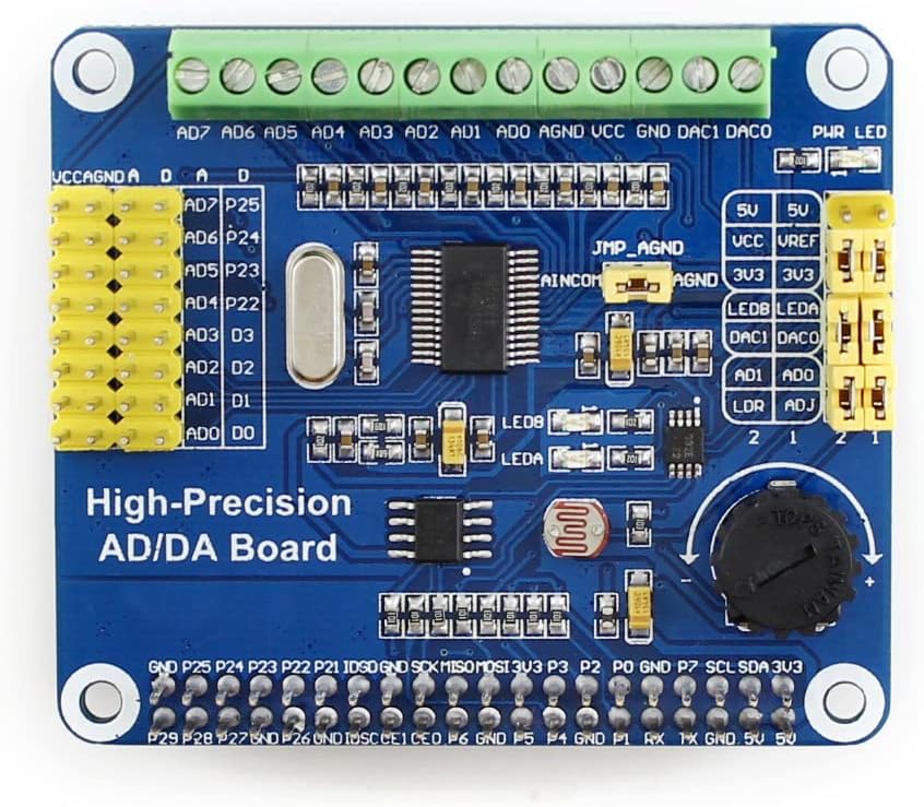 Waveshare AD/DA Expansion Sheild Board for Adding High-Precision AD/DA Functions Compatible with Raspberry Pi Onboard ADS1256 DAC8552 Sensor Interface