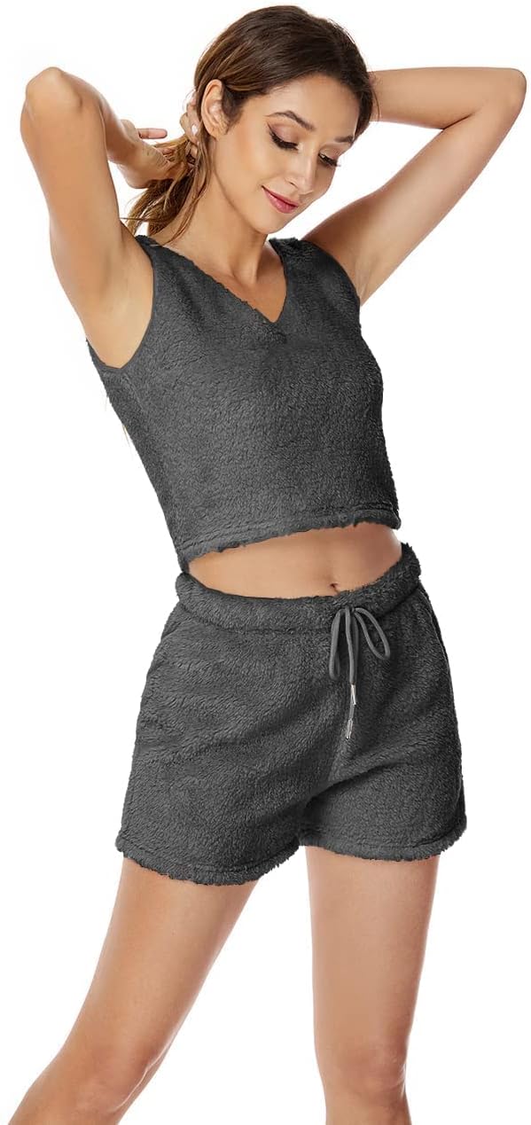 A ADILACA Womens Hooded Cardigan Outwear Sleeveless Crop Tops Shorts Nightwear Set - Image 5