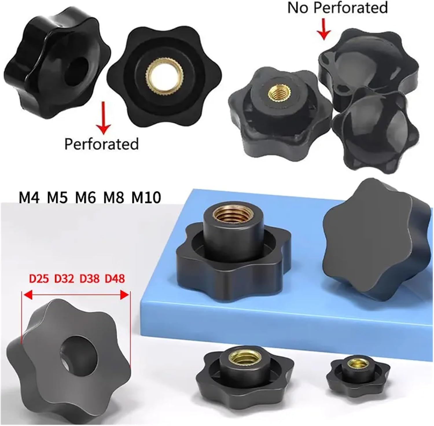 Hand tighten star nut 5PCS Plum Hand Tighten Nuts Handle Thread Star Mechanical Black Thumb Clamping Knob Manual M4 M5 M6 M8 M10(Type 1,M12 D48 5pcs)