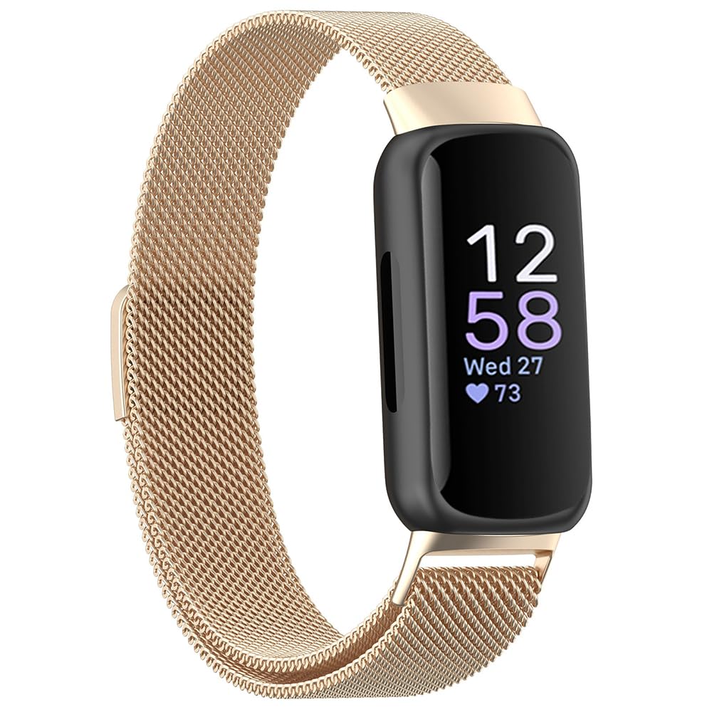 Moydolo Stainless Steel Metal Mesh Loop Adjustable Replacement Wristband Band Compatible with Fitbit Inspire 3 Straps - Champagne Gold