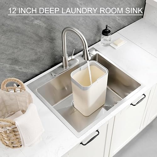 Miniatura 4 de Fregadero de lavandería con combo de grifo, fregadero de 25 x 22 x 12 pulgadas, fregadero profundo de acero inoxidable calibre 16, lavabo individual