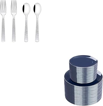 KIRE 400PCS Silver Plastic Forks and Spoons PLIUS KIRE 200PCS Blue Plastic Plates with Silver Rim