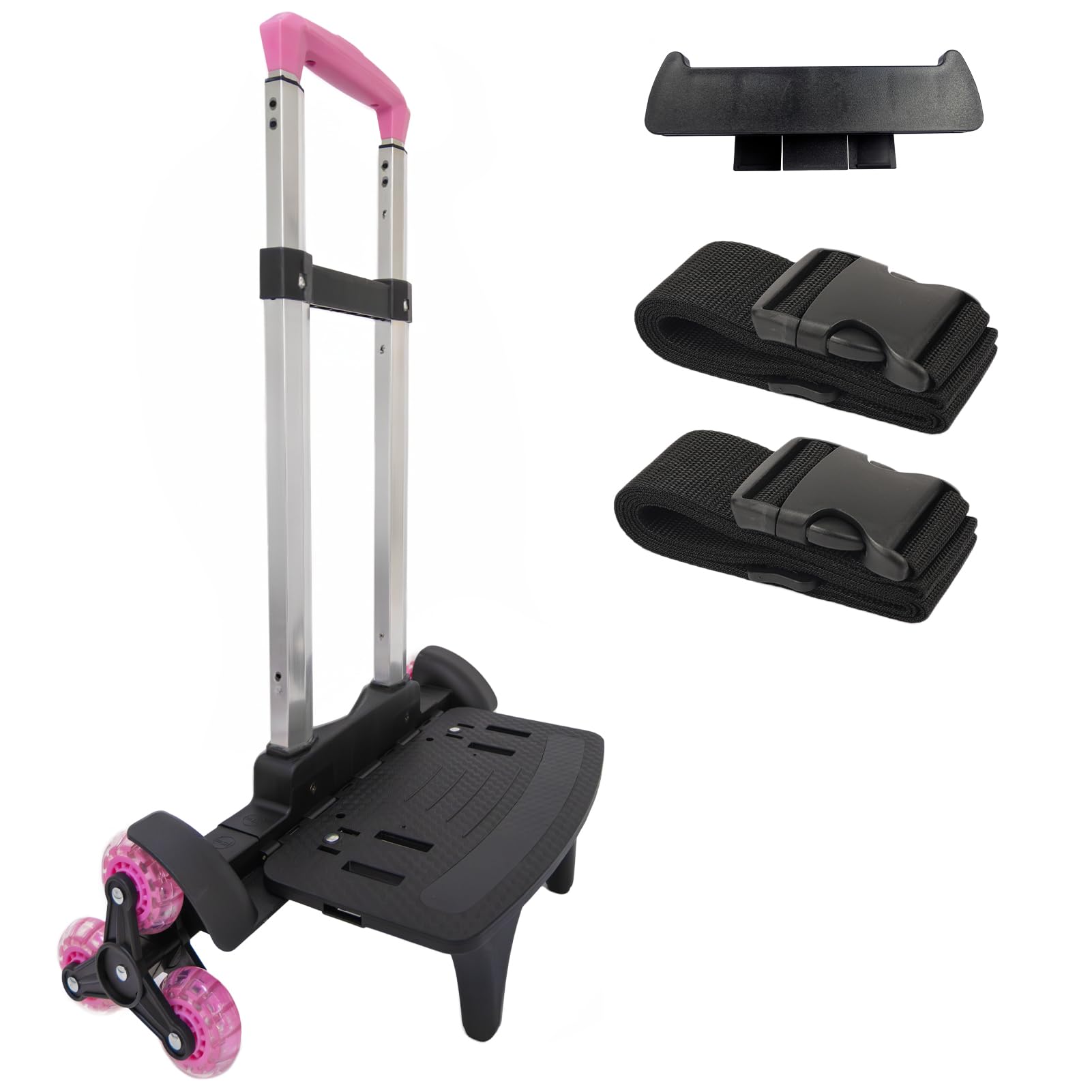 Lightweight Foldable Backpack Trolley – Pink 3-Wheel Rolling Hand Truck with Strap, Portable Folding Cart for Backpack, Travel, Commuting, and Daily