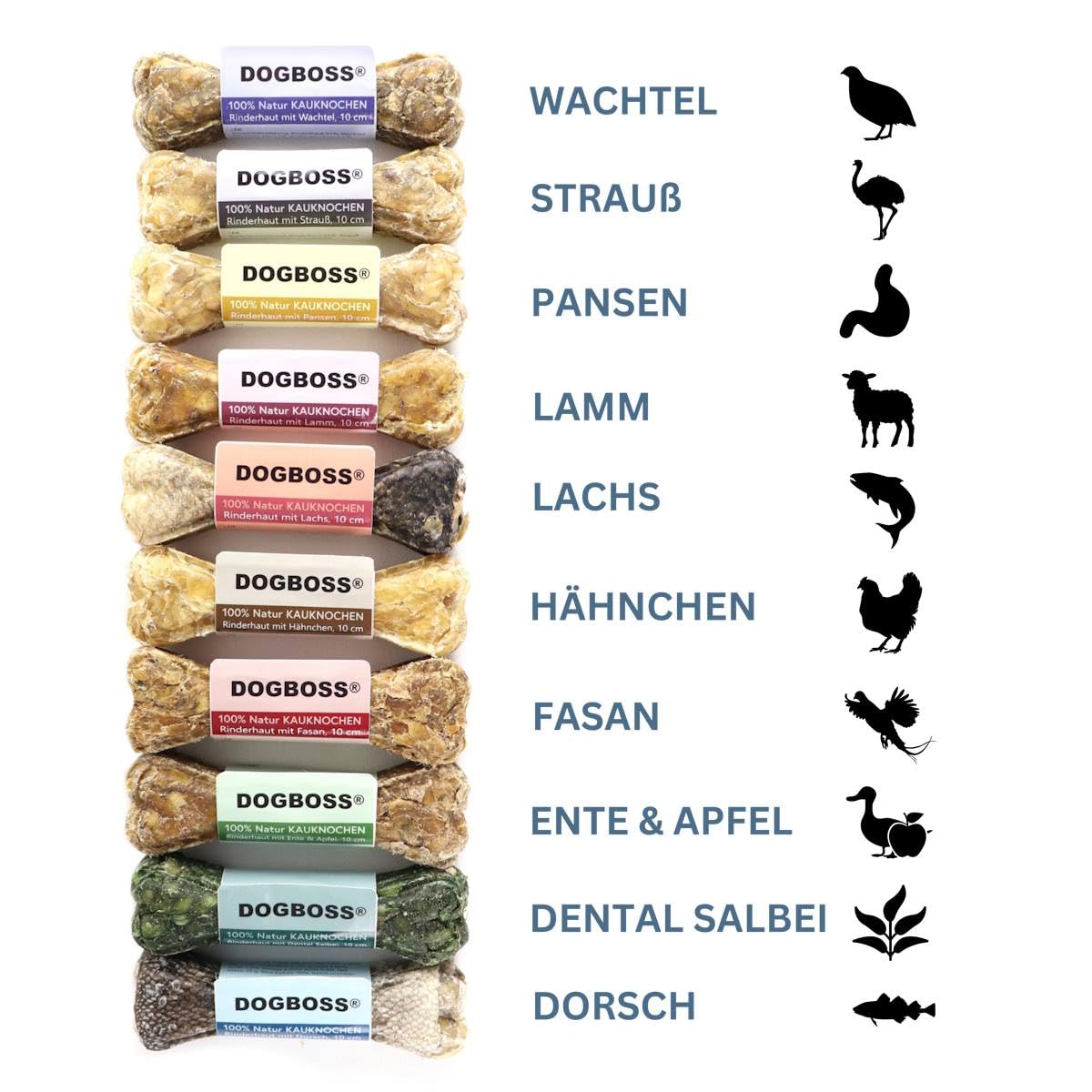 DOGBOSS Osseaux à mâcher 100% naturels spécialement pour petits chiens (2-10kg) en différentes saveurs (Pack d'essai de 10 pièces 10 cm)