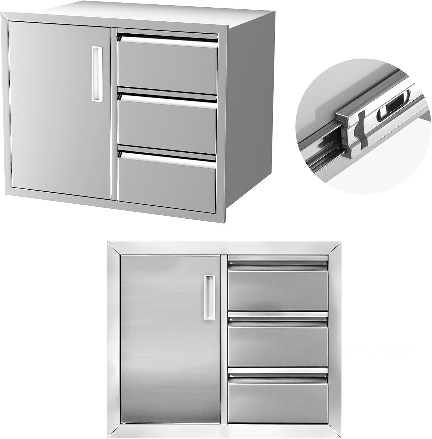 Stainless Steel Outdoor Kitchen Drawer Combo Cabinet 28 x 19.1 x 22 Inches, Built-in BBQ Island Storage with Triple Drawers and Left Trash Drawer