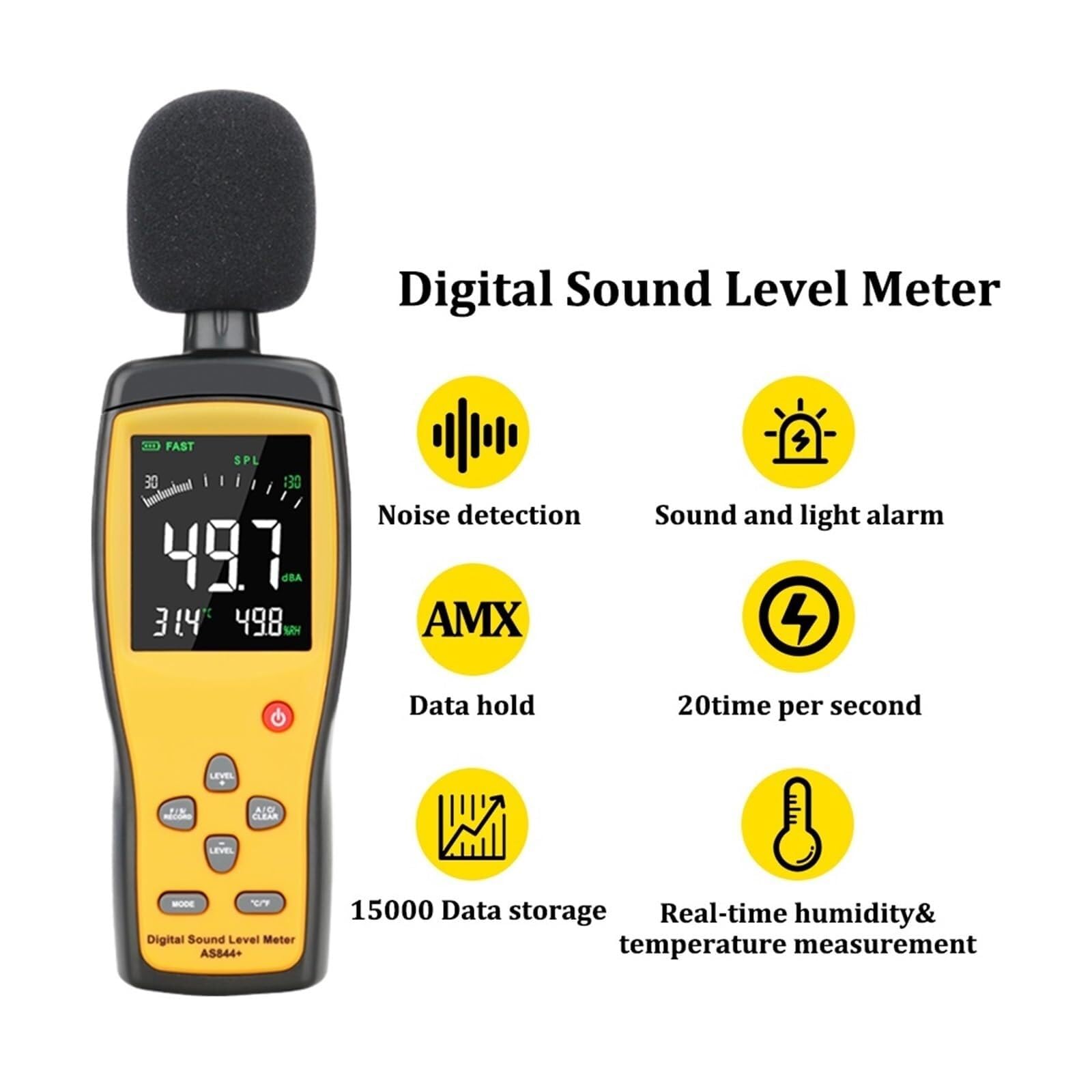 sonómetro, Medidor de nivel sonido digital 30-130dBA con pantalla LCD a color
