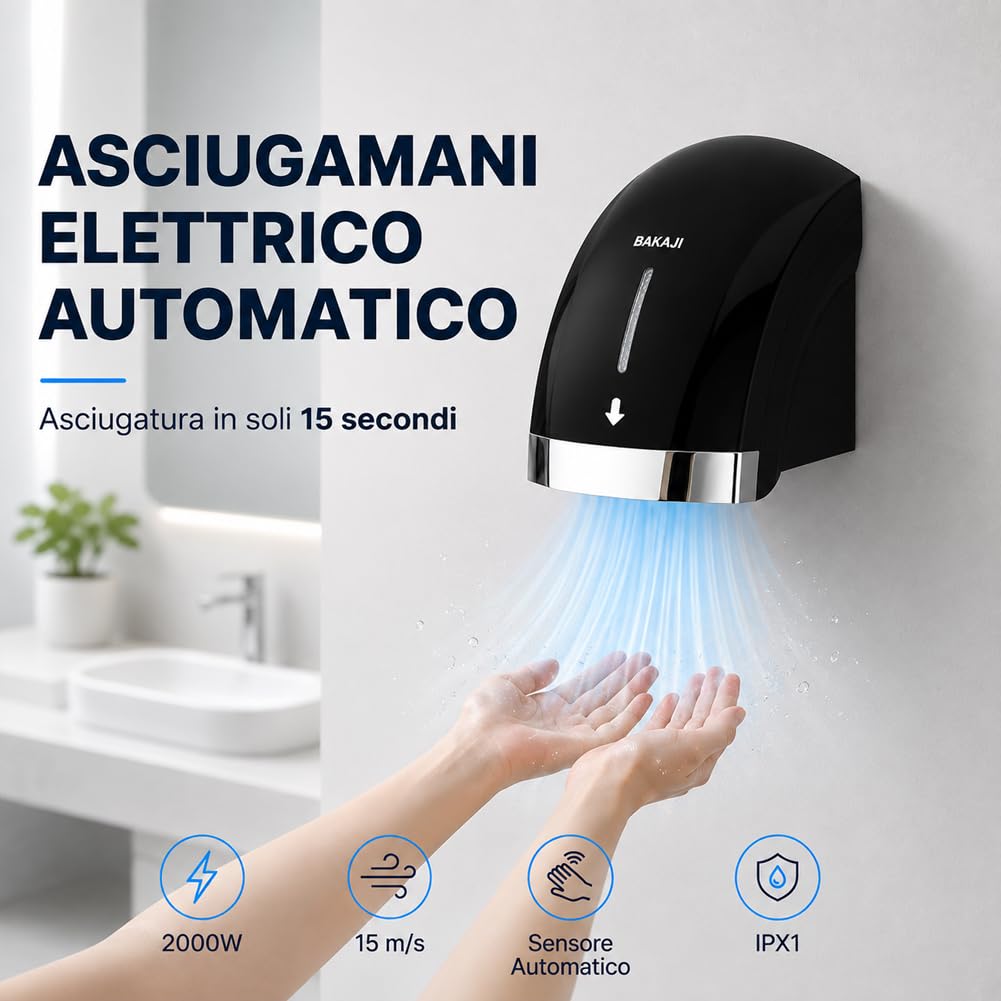 BAKAJI Secador de manos automático eléctrico de pared para hoteles, baños públicos, restaurantes, secador de manos de aire caliente de pared con sensor fotocélula, potencia 2000 W, secado de alta