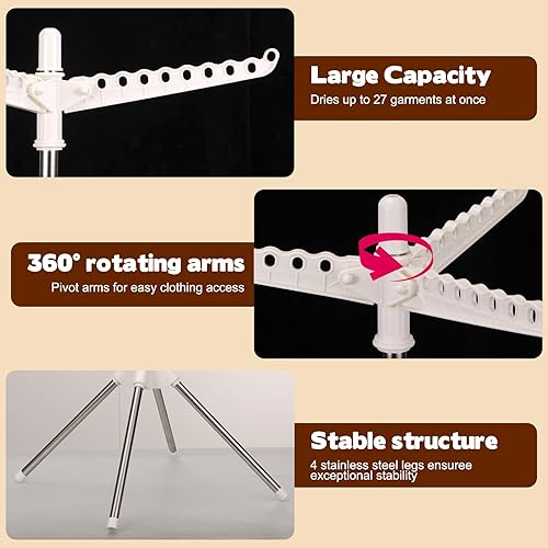 Miniatura 4 de Estante de secado de ropa giratorio y plegable de 59 pulgadas, árbol de secado de ropa con 27 agujeros para colgar, soporte de 4 patas que ahorra