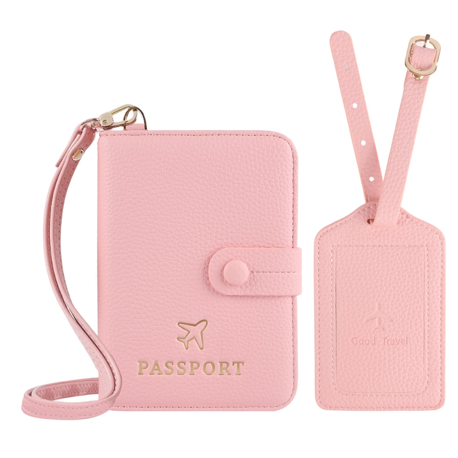 Passport Holder RFID Protected Wallet and Luggage Tag with Protection Cover Travel Accessories Leather Card Case Organizer for Women Men (Pink)