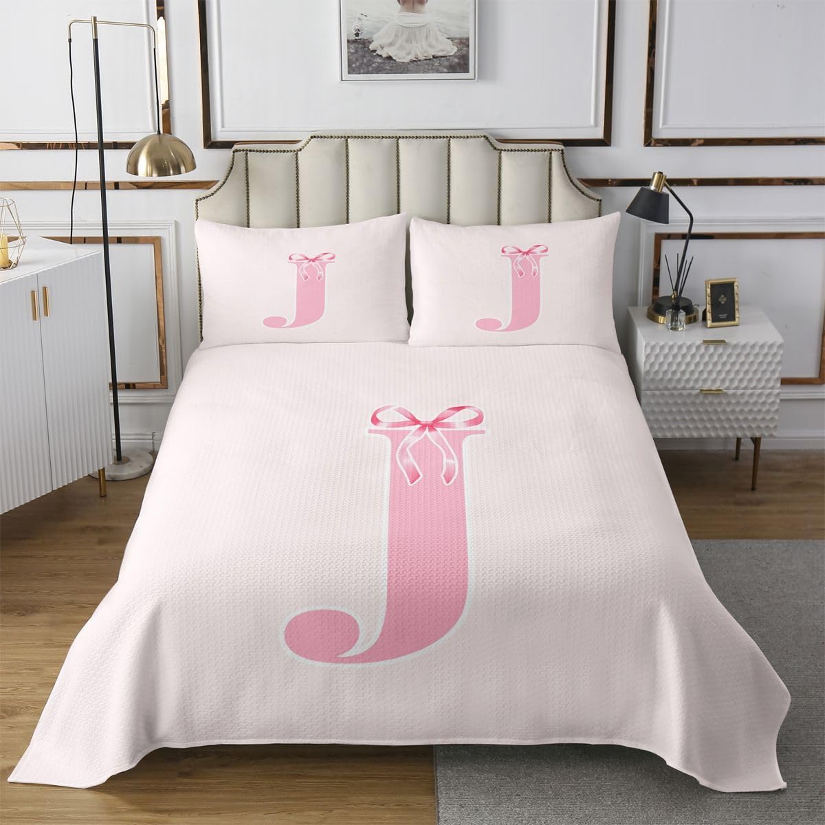 Manfei Cute Bowknot Bedspread,Coquette Ribbon Bow Princess Quilt Set for Adults Women,Initial Letter B Bedding Set,Pink B 3 Pcs Coverlet Set with 2 Pillow Shams,King Size