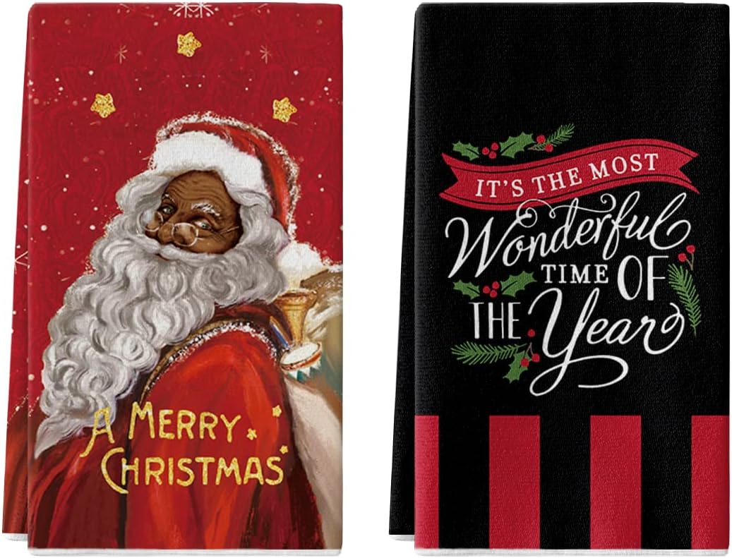 Artoid Mode African American Black Santa Kitchen Towels and Dish Towels, 18 x 26 Inch Christmas Winter Xmas Holiday Ultra Absorbent Drying Cloth Tea Towels for Cooking Baking Set of 2
