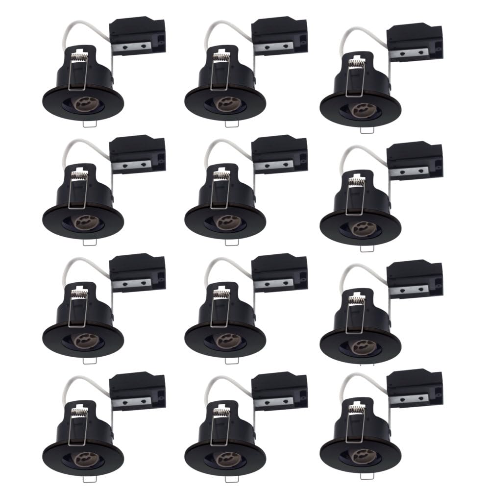 Britalia 12 Pack - Matt Black IP20 Fire Rated Twist Lock GU10 Recessed Downlight | Air Flow Open Back | 68mm Cut Out | 240V Class 2 Double Insulated | Push Fit Terminals
