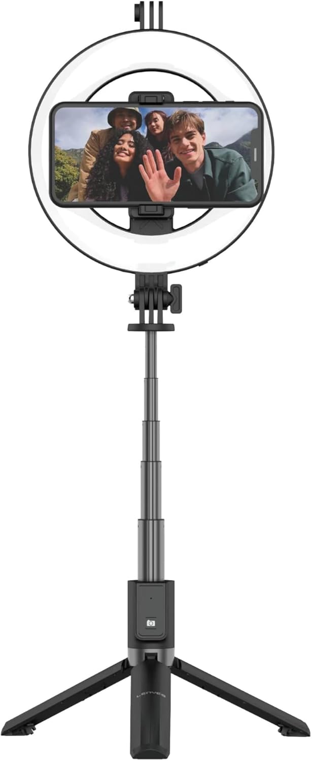 LENYES LPH102 Ring Light Selfie Stick Tripod: Aluminum Alloy, Detachable Bluetooth Remote, Adjustable Telescopic Pole with Fill Light, Multi-Angle Free Adjustment