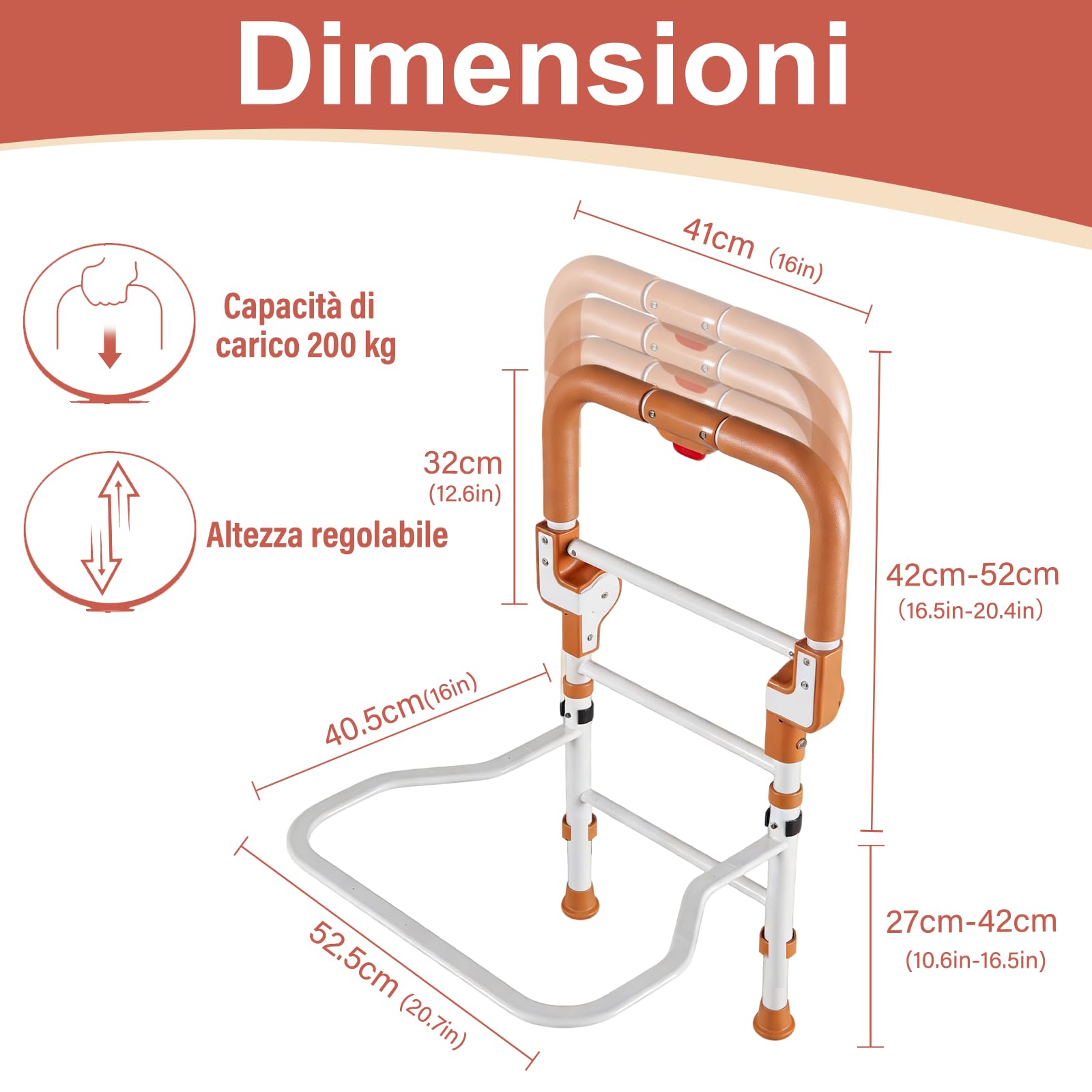 Ausili per Alzarsi dal Letto, Sponda Letto Anziani Pieghevole, con Tre Regolazioni in Altezza e una Tasca Portaoggetti, è Adatta ad Anziani, Persone con Mobilità Ridotta (Con piedini)