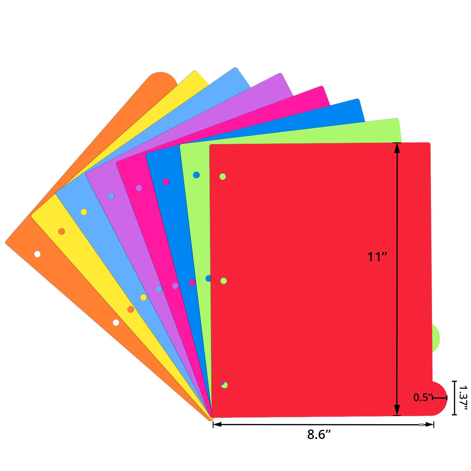 Trennblätter für 3-Ringordner, 8 Register, 96 Stück, Kunststoff-Trennblätter mit Tabs, 3-fach gelochte Trennblätter, Index-Taber, farbige Buchstabengröße, für Schule, Büro, mehrfarbig