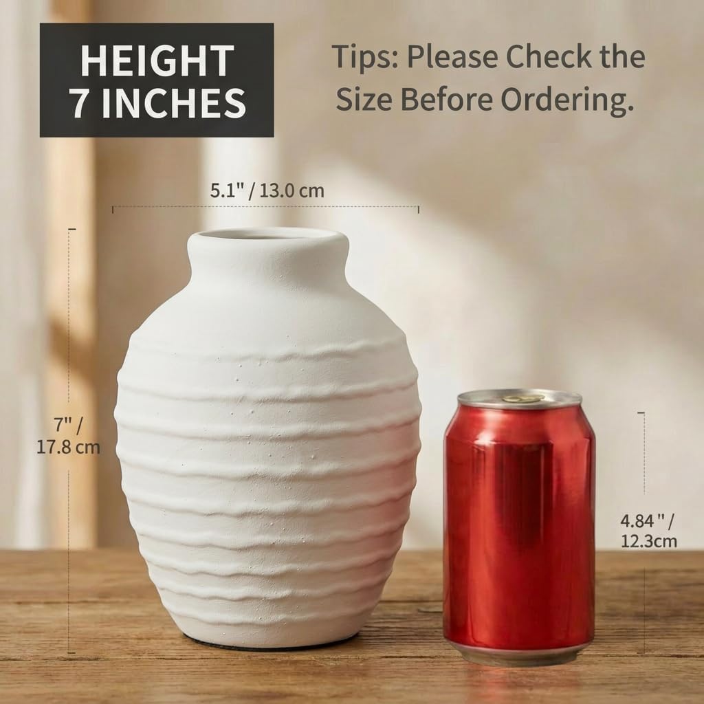 Ceramic Flower Vase 7 Inch Modern Farmhouse Vases Rustic Decorative Vase Home Decor Minimalist Handcrafted Pottery Terracotta Centerpiece Vases for Living Room,Bedroom,Table,Weddings,Office-White