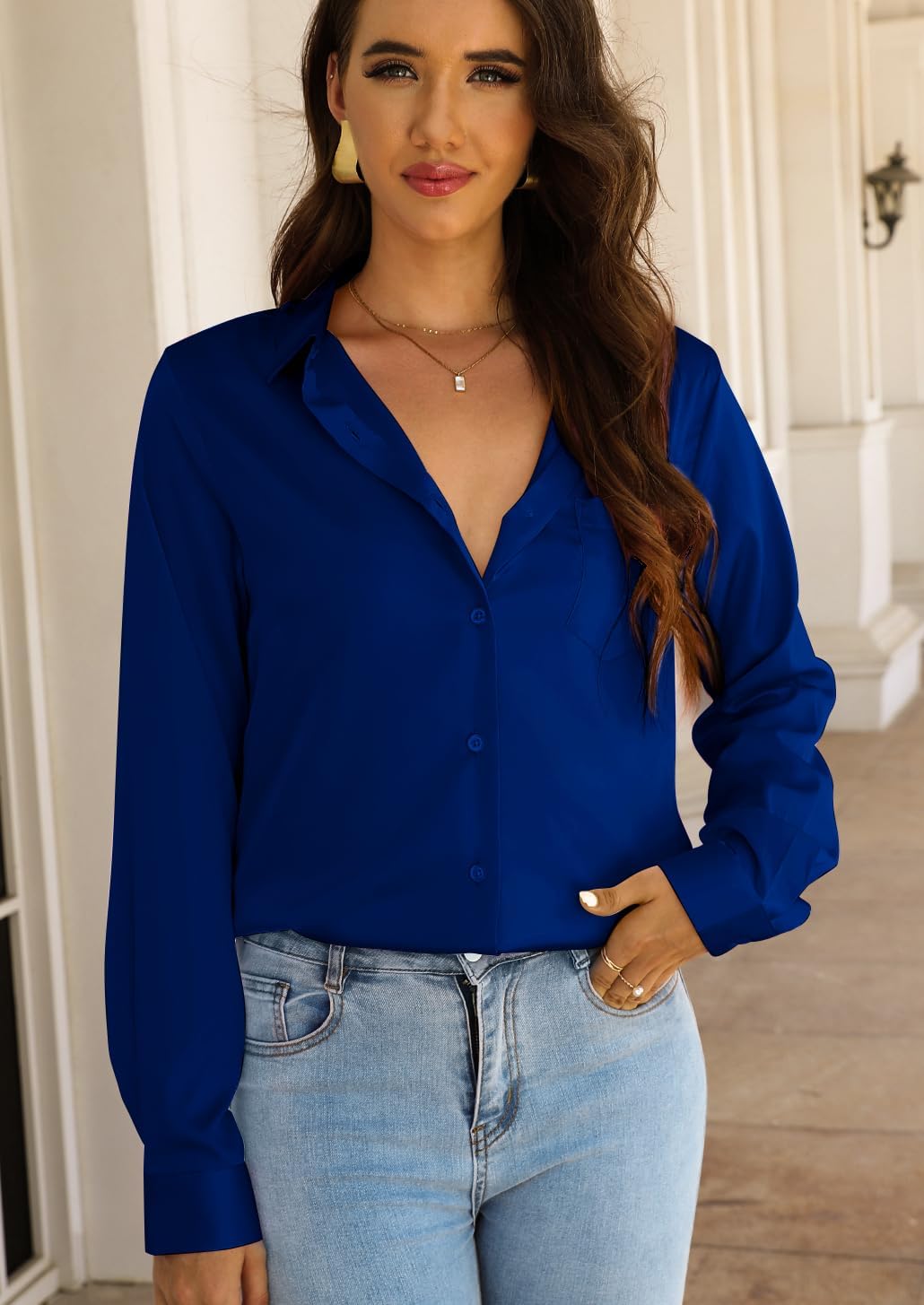 CBOO Women Elegant Satin Blouses Shirts, Soft Silk Shirts Top, Satin Button Down Shirts, Office Long Sleeve Blouse Shirt - Image 3