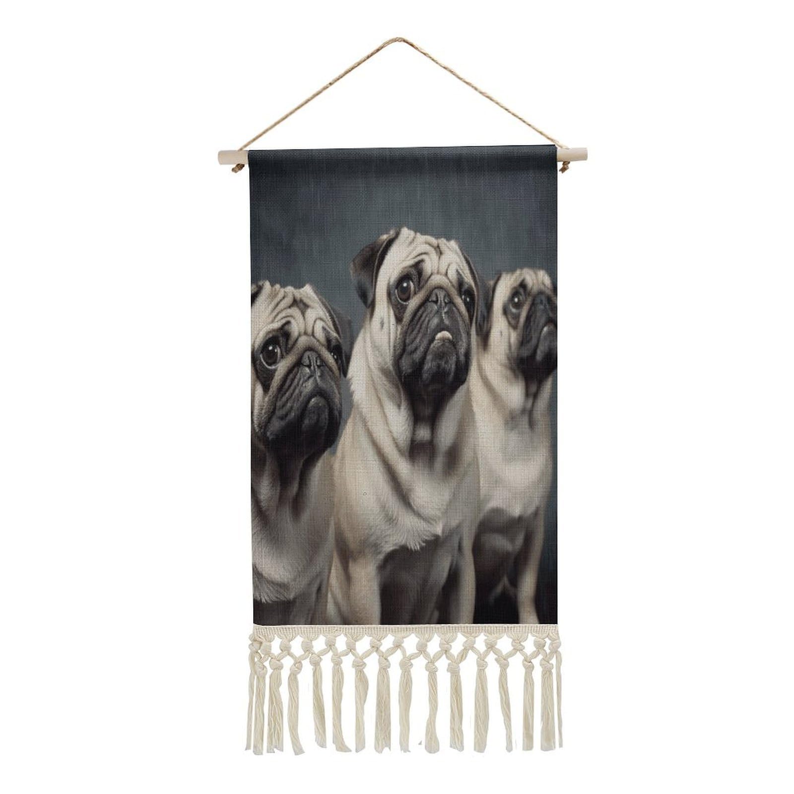 VstaDank Funny Pug Dog Wall Art Decor with Tassels 20"x10" Cotton Linen Hanging Tapestry Decor Wall Art Prints Wood Frame Boho Wall Art Poster for Bedroom Living Room Office