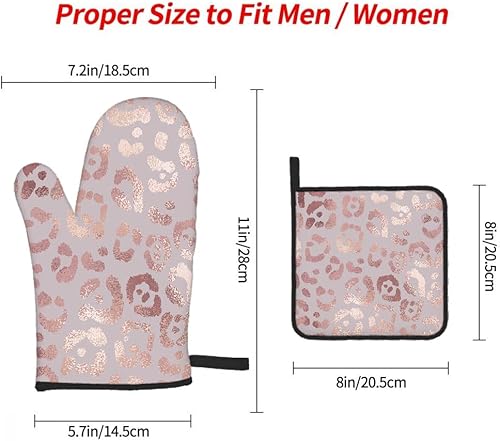 Miniatura 4 de Juego de 3 guantes de horno y agarraderas de leopardo de oro rosa para cocina, cocina, hornear, asar a la parrilla, almohadillas calientes