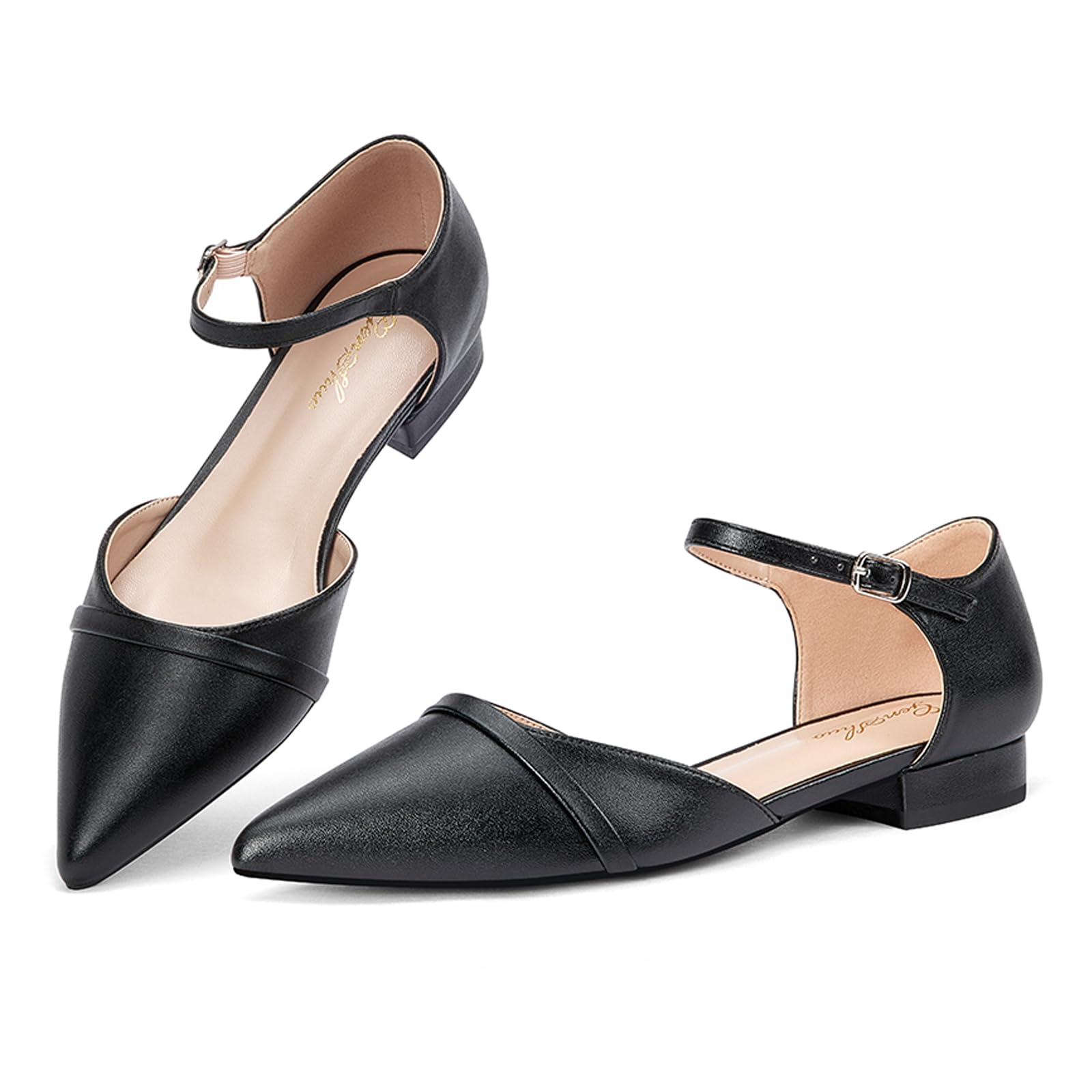 GENSHUO Flache Damenschuhe mit Knöchelriemen, Elegante Spitze Zehenpartie, Flache Schuhe Für Die Arbeit