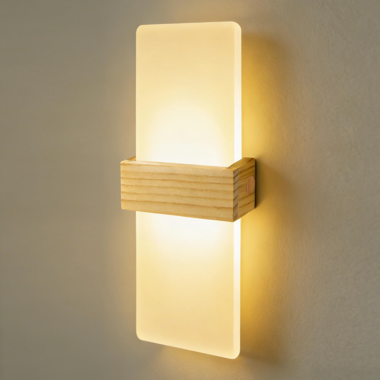 Applique Murale Intérieure LED 12W Blanc Chaud 3000K Lampe Murale Moderne en Acrylique avec Boîtier en Bois Applique Éclairage Haut et Bas pour Couloir Escalier Salon Chambre