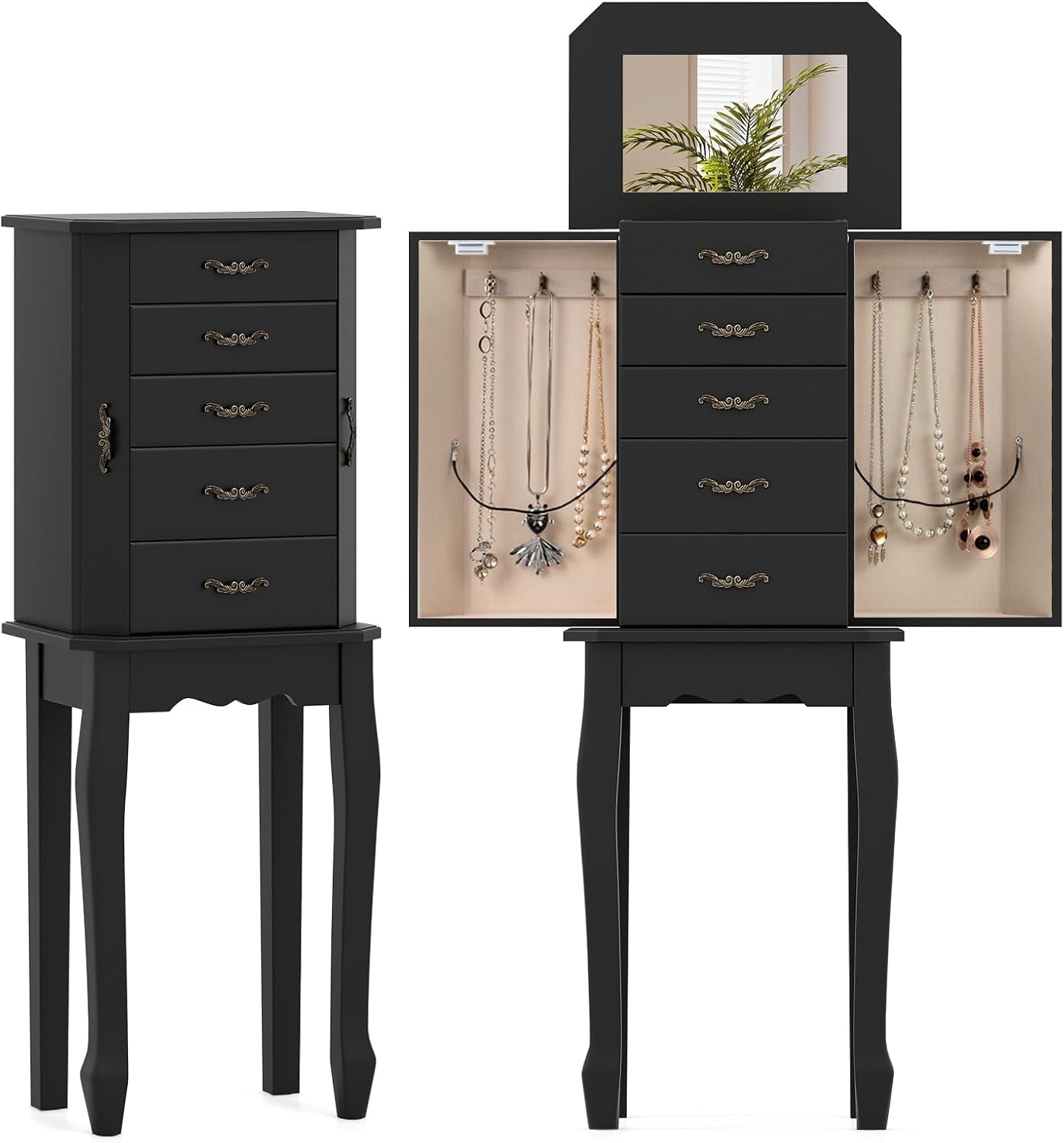GOFLAME Jewelry Armoire Cabinet with Flip Top Mirror, Standing Jewelry Chest, Top Storage Tray, 4 Storage Drawers, 2 Side Doors with 6 Necklace Hooks, Vintage, Wood Stand Up Jewelry Box, Black