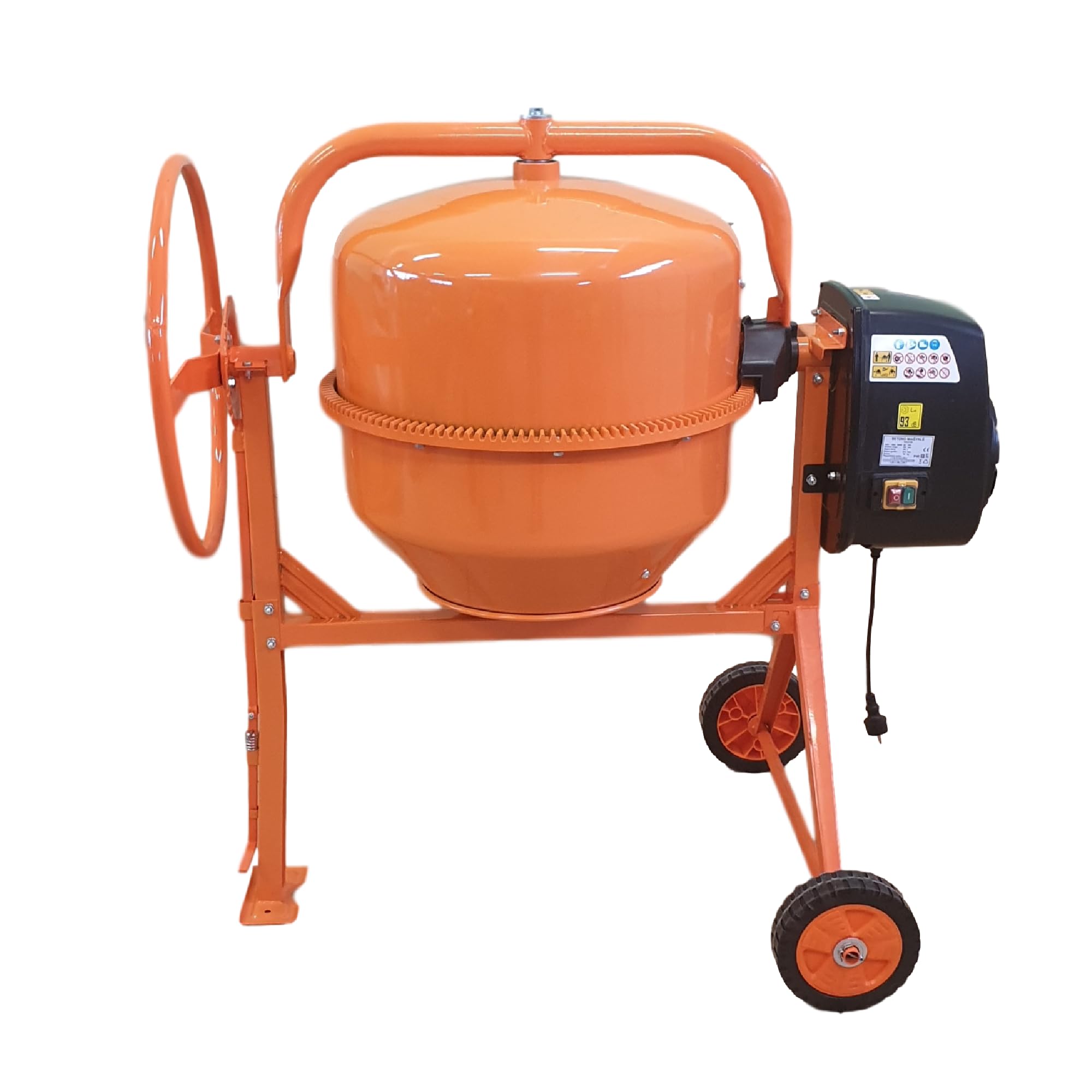 Betonmischer BAU200, 200L Trommel, 1050W Motor, Orange, Stahlrahmen mit Metall-Zahnkranz, Kunststoffräder, Kipp-Handrad