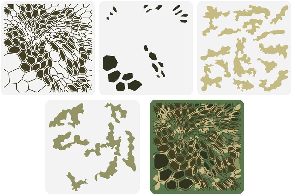 FINGERINSPIRE 4 Pcs Layered Camo Stencils Template 11.8x11.8 inch Hexagonal Camouflage Painting Stencil Plastic Camouflage Gun Paint Stencil Reusable DIY Art and Craft Stencils for DIY Crafts Decor