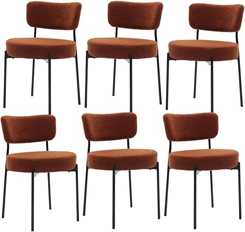 Miniatura 9 de Brown Boucle - Juego de 6 sillas de comedor tapizadas con marco de metal, sillas de comedor con asiento acolchado, asientos redondos modernos para
