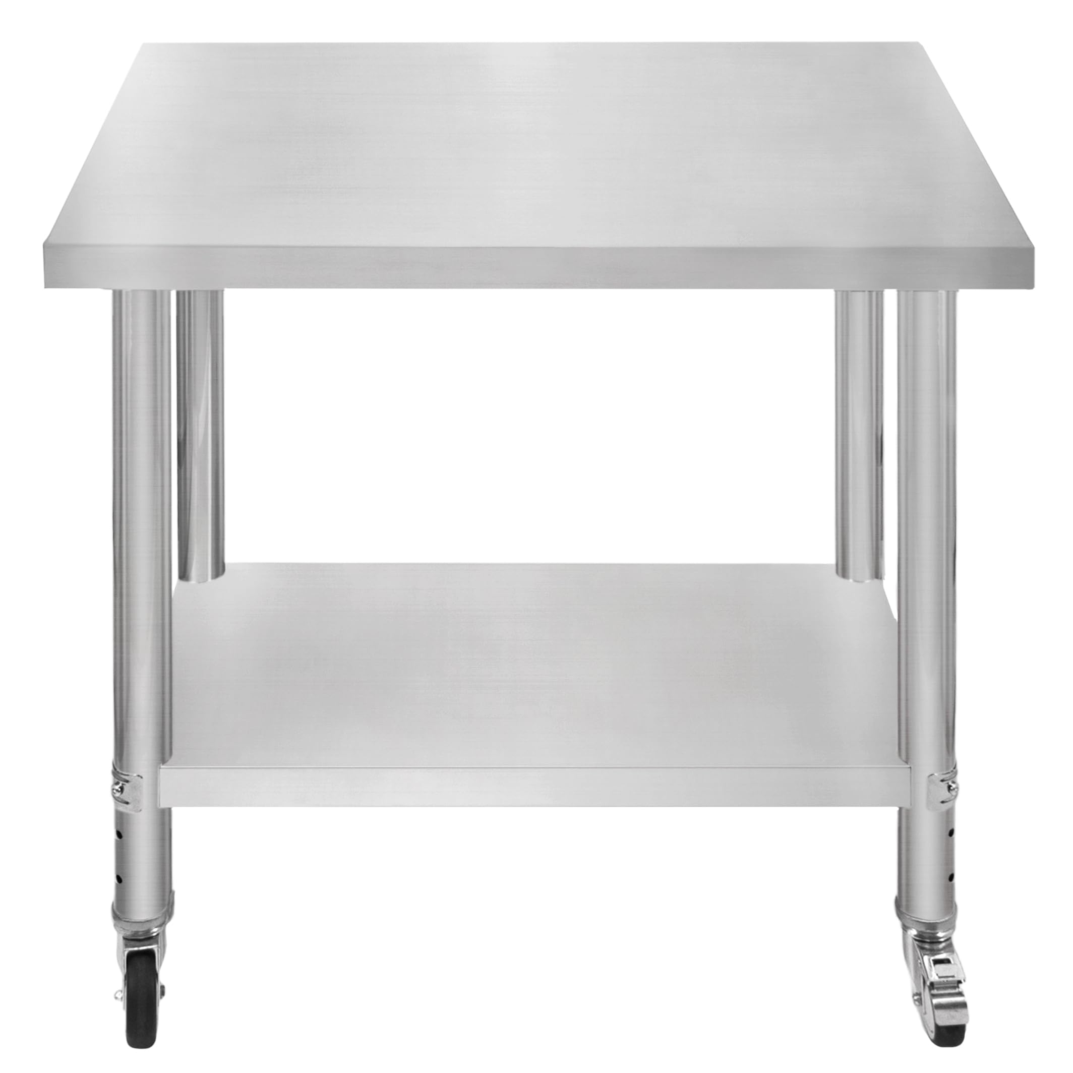 Catering Work Bench Table Stainless Steel Food Prep Kitchen Mobile 4 x Castor Wheels With 2 Brakes & 4 Adaptable Feet Adjustable Lower Shelf 3 Positions 160kg Load Capacity 90cm x 76cm x 86cm