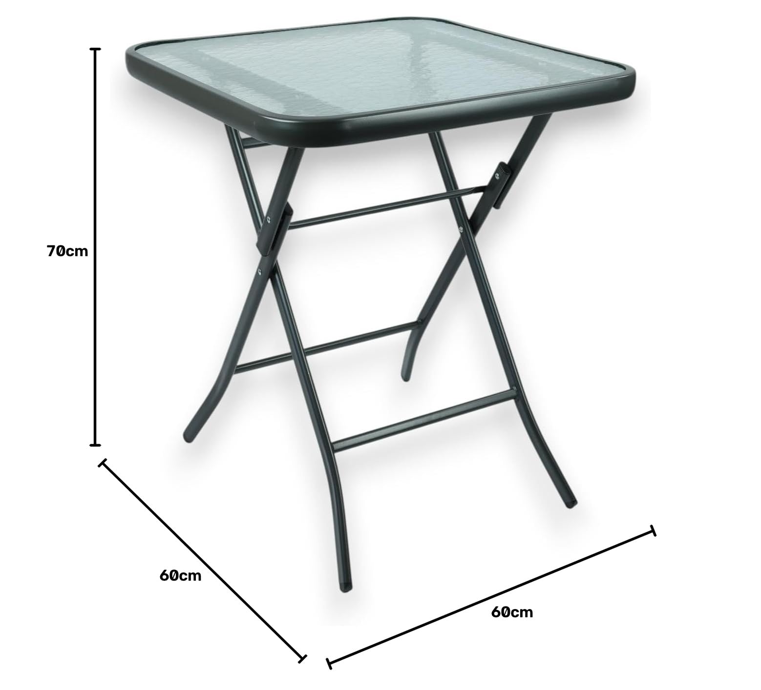 HERSIG - Mesa de Jardin Cuadrada Plegable de Acero y Vidrio Templado - Mesa Exterior Negro 60x60x70 CM - Mesas de Terraza y Jardín Cuadradas - Mesas para Verano Exterior con Cristal Texturizado