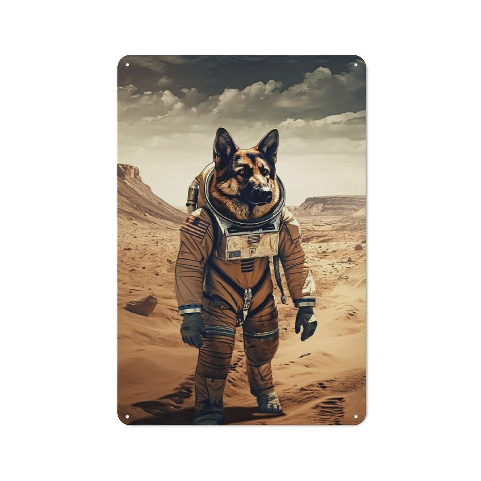 Junmoney Style-15 Tin Wall Plaque 30X20cm With German Shepherd On Mars For Hallway Wall, With Clear Retro Wall Decor Character