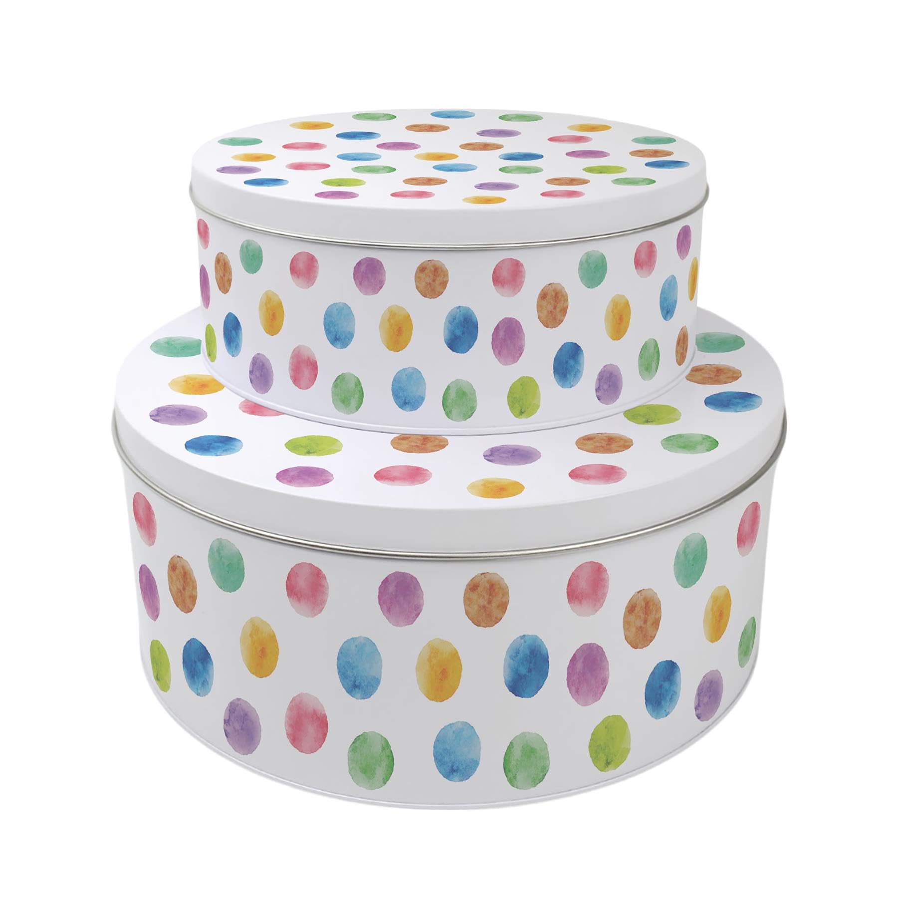 Purely Home Rainbow Polka Dots Set Of 2 Cake Tins - Nesting Round Large & Medium Metal Storage Containers For Cakes And Baking - Colourful Homeware Gifts