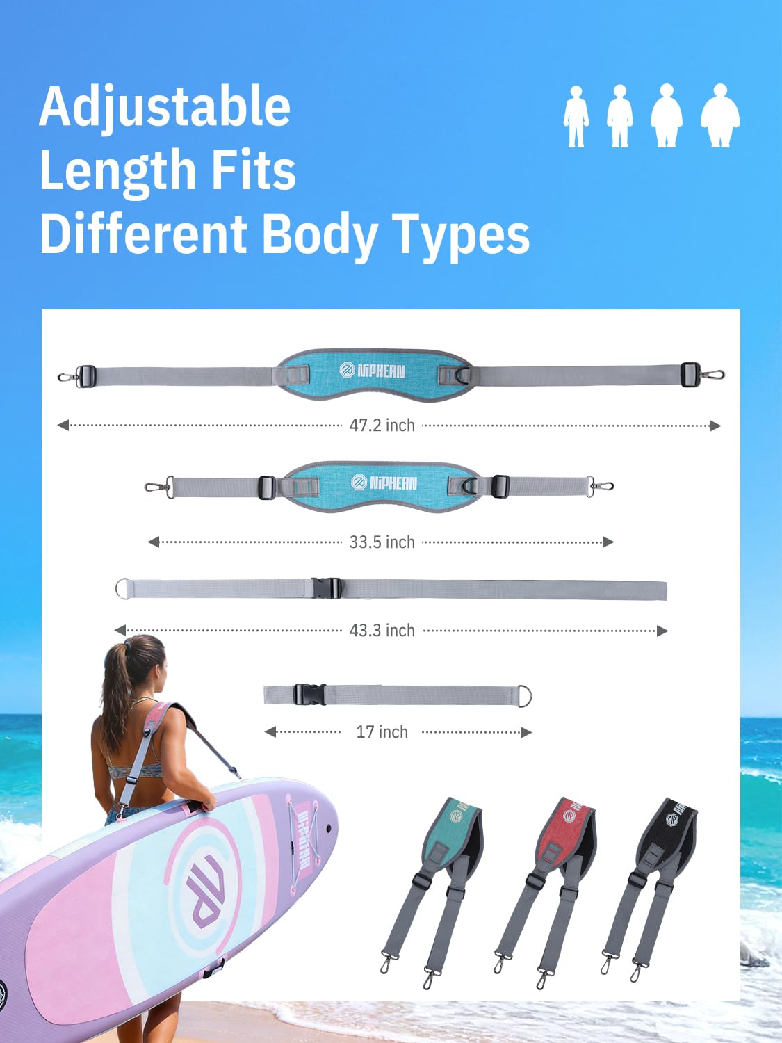 Niphean SUP Tragegurt, Stand up Paddle Zubehör für Paddle Board, Freihändig Verstellbarer SUP Schultergurt für Stand Up Paddling Board, Kayak, Surfbrett Tragegurt mit Gepolsterter Schulterauflage