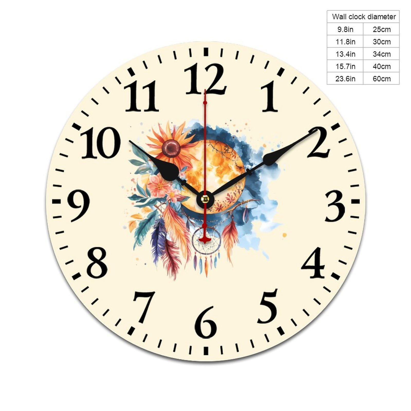 Traumfänger, Mond und Sonne, Holz-Wanduhr, nicht tickend, batteriebetrieben, für Büro, Wohnzimmer, Schlafzimmer, Küche