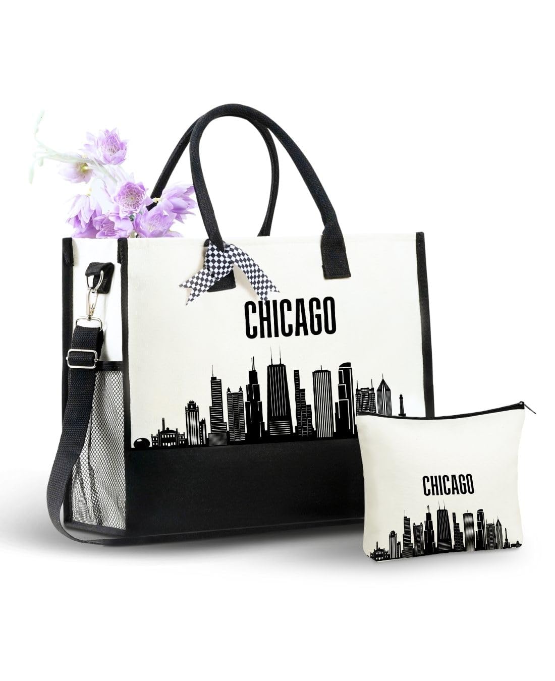 InnoBeta Chicago City Skyline Canvas Tote Bag for Women, Chicago Themed Gift with Top Zipper Closure and Adjustable Shoulder Strap, Skyline Map Gift