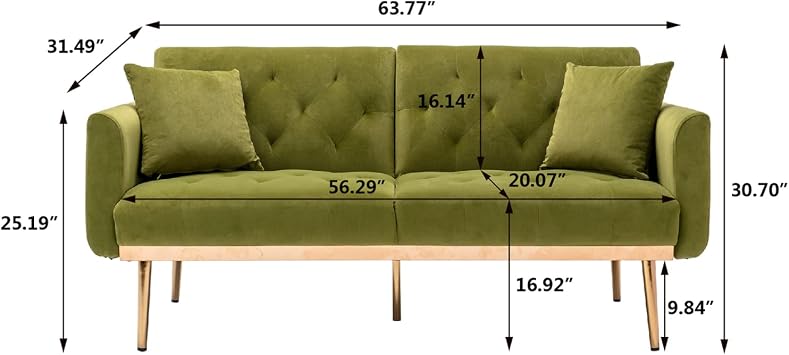 Modern Convertible Folding Futon Sofa Bed for Compact Living Space, Apartment, Dorm,Small Splitback Sofa for Living Room, Golden Metal Legs, 2 Couch Pillows,Loveseat for Bedroom(Olive )