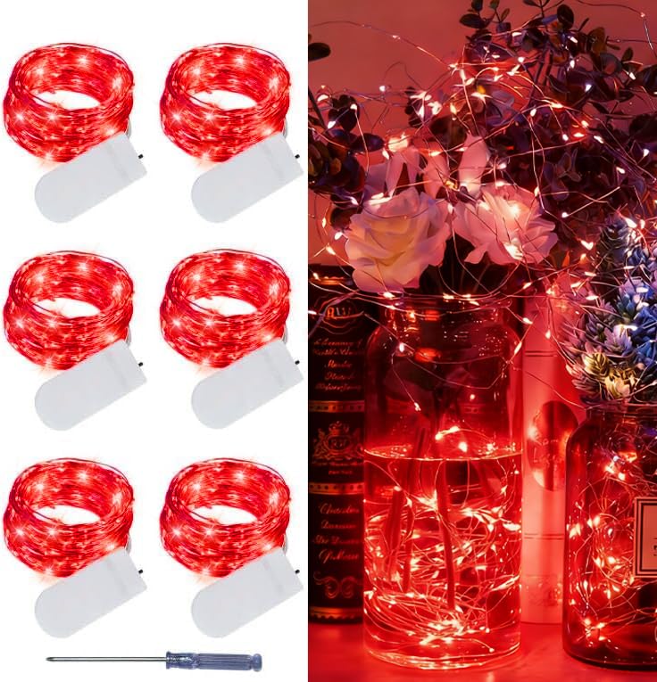 LAMPHOME 6 Pack Red Valentines Fairy Lights Battery Operated (Included) 7 ft 20 LED Mini String Lights Waterproof Silver Wire Firefly Starry Light for DIY Wedding Party Mason Jars Decor