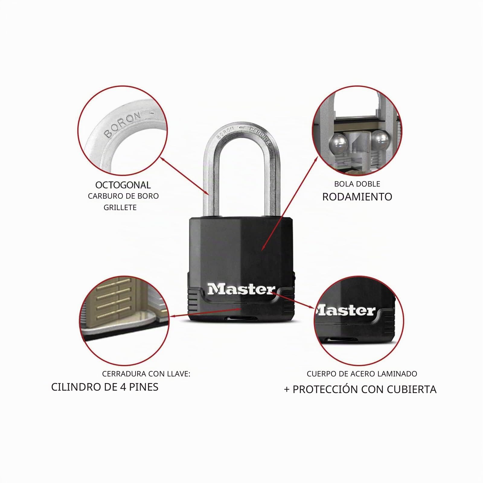 Master Lock M515EURDLH Candado Seguridad Llaves Acero Laminado y Antióxido Exterior, Arco Largo + Estanco + Contra la corrosión, Adecuado para Portales, Garages, Sótanos