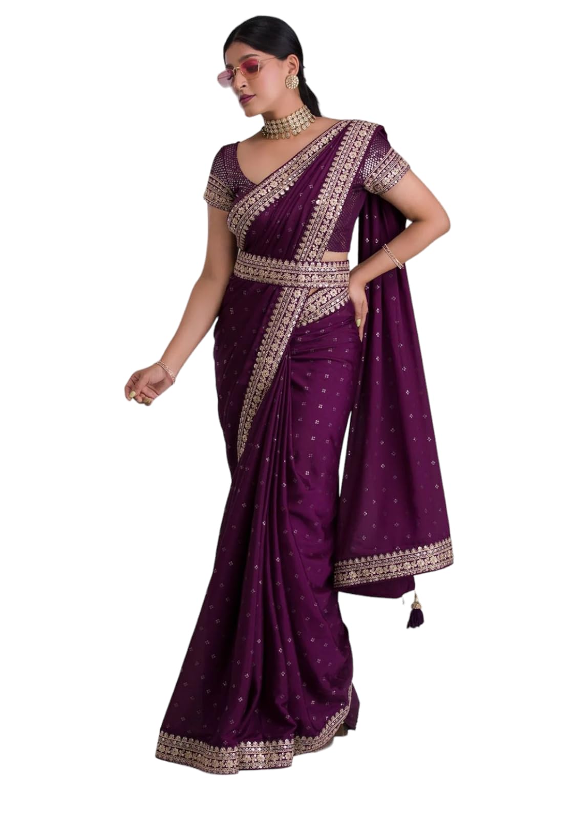 Satyam CreationWomens Zari Embroidered Sequin Work Designer Saree With Belt Occasion For Wedding Party Anniversary