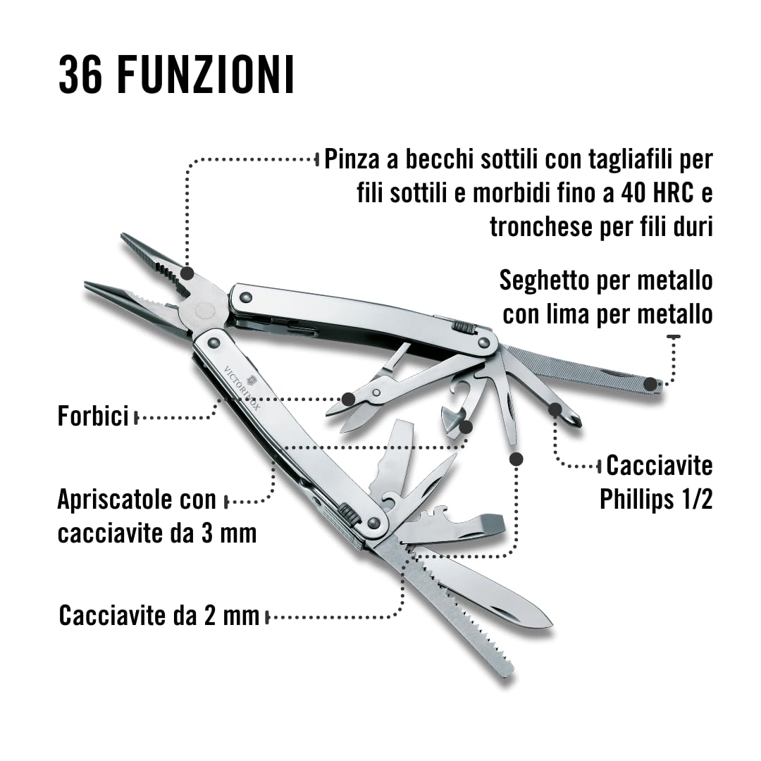 Victorinox Multi-strumento Swiss Tool Spirit X Plus Ratchet, 36 Funzioni, Made in Switzerland, Multiuso con Lama Bloccabile, incl. Fodero in Pelle, Argento