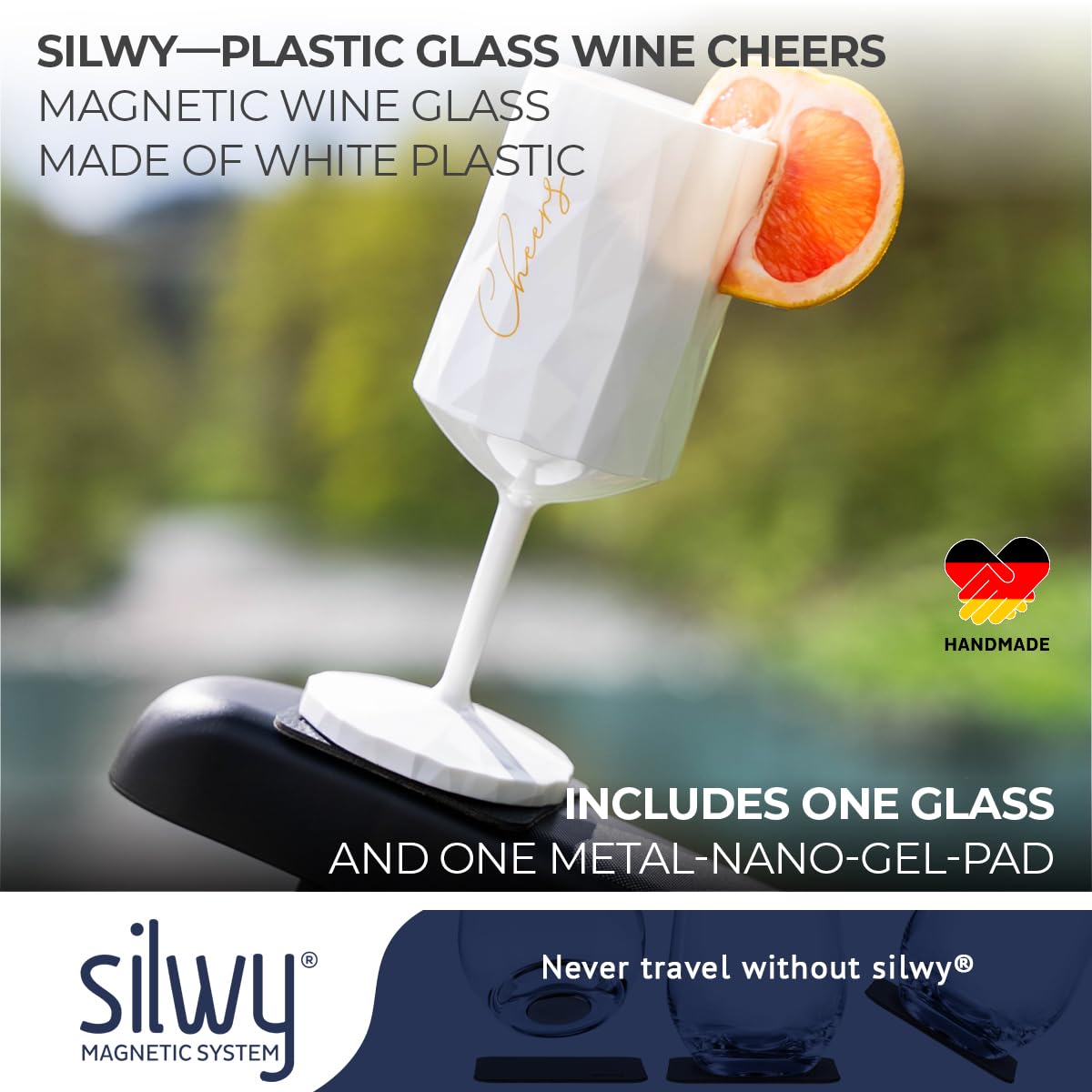 Silwy® Magnetyczny słoik z tworzywa sztucznego do wina CHEERS 300 ml w kolorze białym wraz z metalową nano-żelową podkładką – antypoślizgowe szklanki kempingowe, akcesoria do łodzi i jachtów