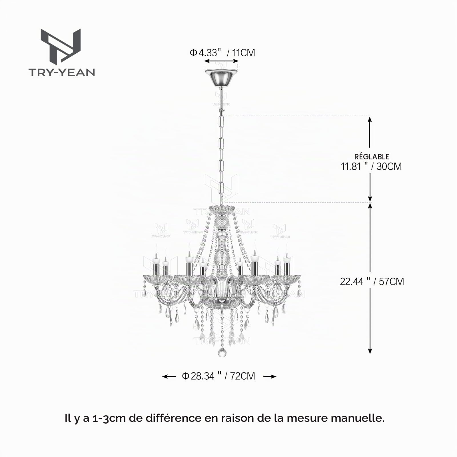 Luxueux Lustre à 8 bras Lustre Cristal Transparent Plafonnier Lampe à Suspension Verre Cristal K5 avec Chaîne Réglable Style Bougie E14 pour Chambre à Coucher, Salon, Salle à Manger, Couloir