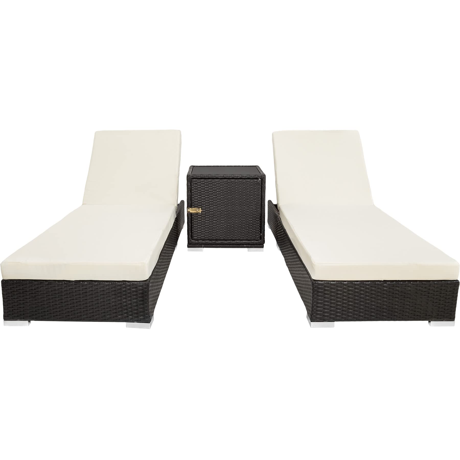 tectake® 2er Garten Lounge Sonnenliegen Set mit Tisch, Aluminium Gartenliege, Gartenlounge Outdoor, Relaxliege inkl. 2 Bezugsets und Schutzhülle, Outdoor Poly Rattan Gartenmöbel Set, 2er Set - schwarz