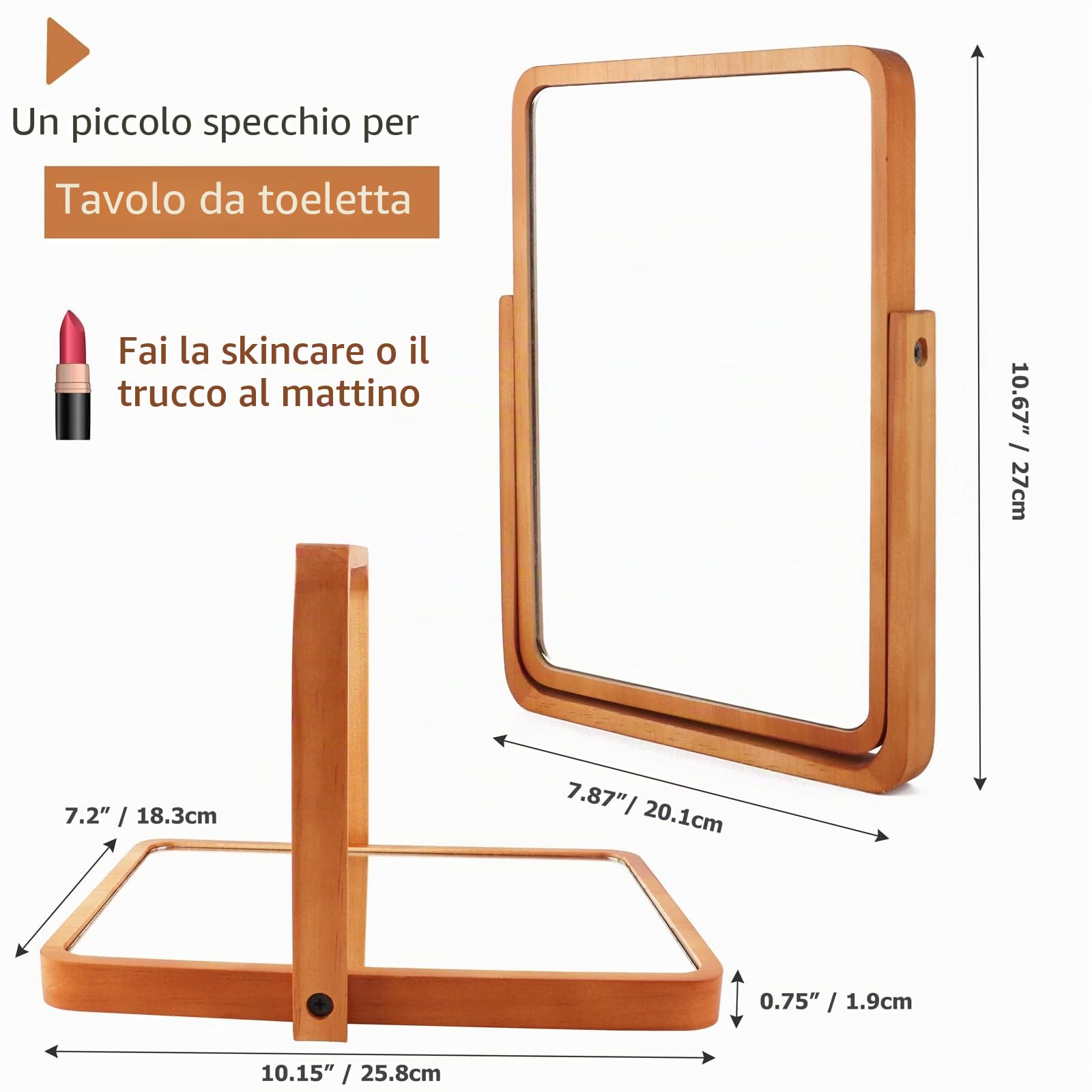 Specchio da Tavolo per Trucco, Specchio Legno Rustico Decorativo - Rettangolare Rosso Marrone