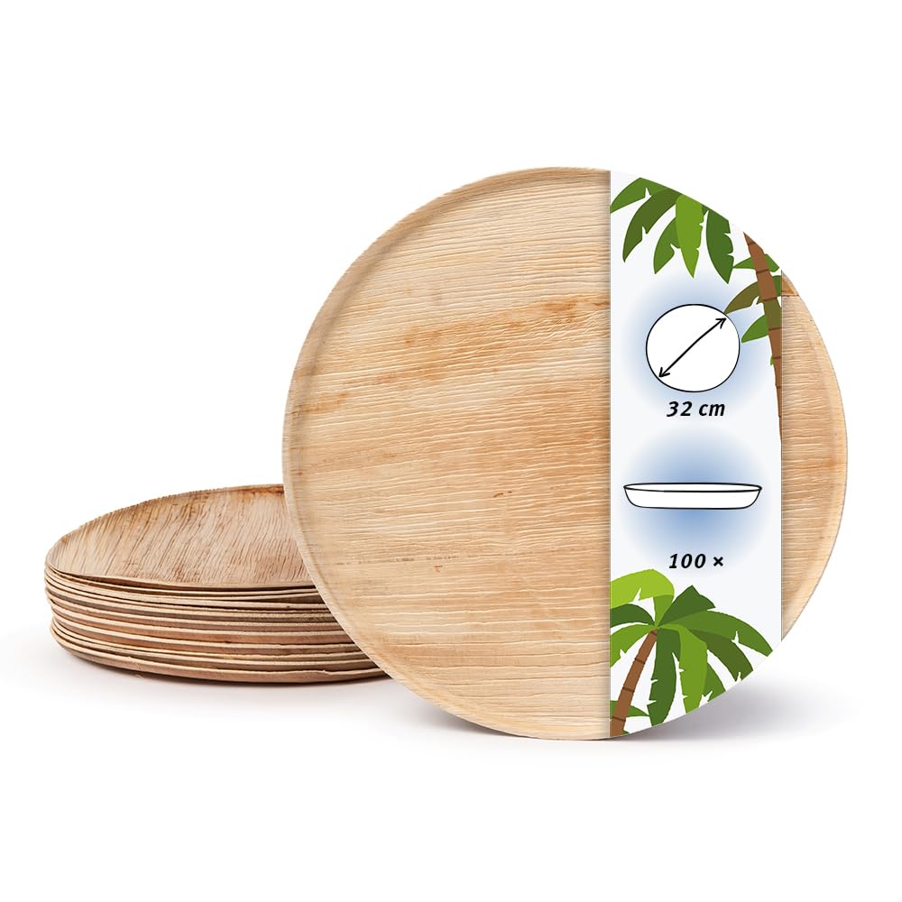 Palmware Pizza Einwegteller I Wegwerfgeschirr Partygeschirr aus Palmblatt I 100 x Pizzabrett rund 32 cm, flach, mit Rand I Palmblatt Einweggeschirr biologisch abbaubar & kompostierbar