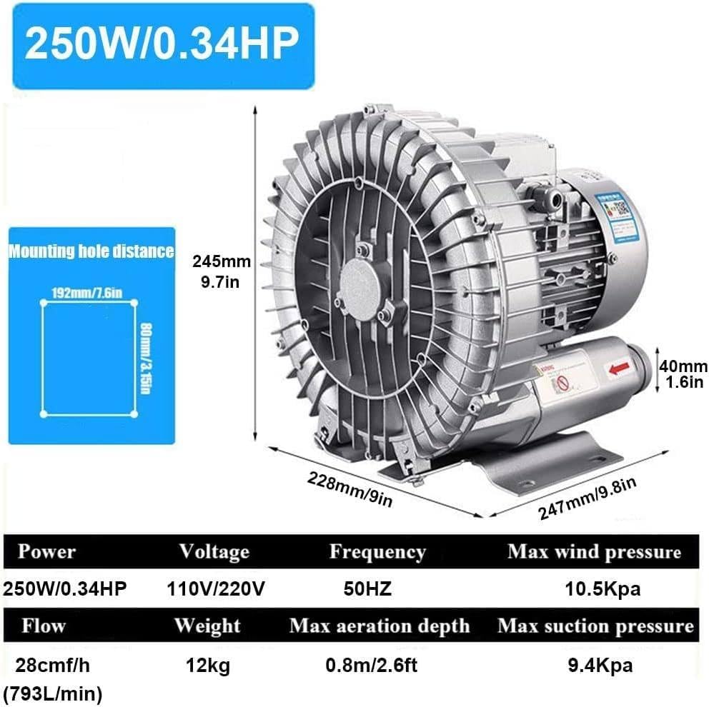High-Pressure Regenerative Blower 1100W/1.48HP, 110V/220V Vortex Vacuum Pump, 50Hz Industrial Air Blower for Heavy-Duty Performance, Efficient Turbine Design, Single Phase Power