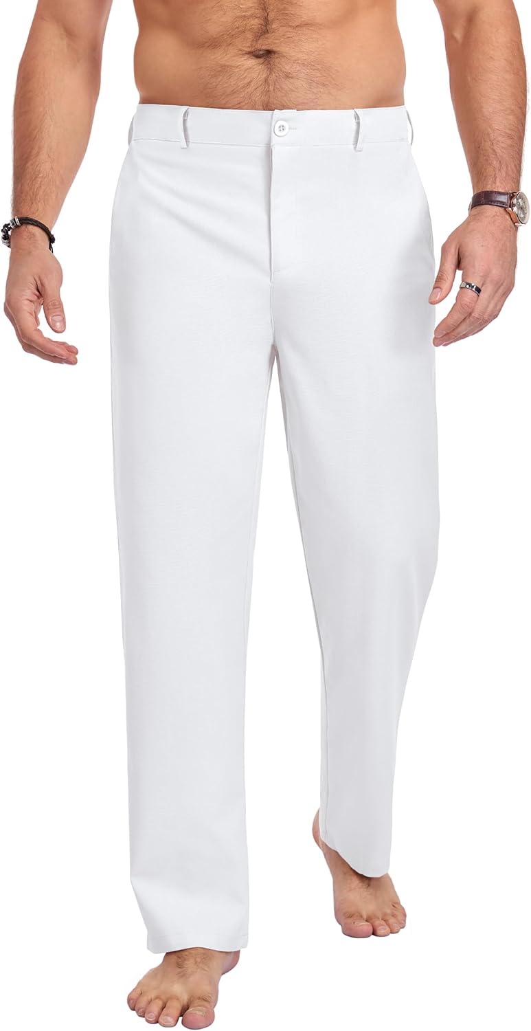 Puimentiua Men Linen Cotton Pants, Work Pants for Men Elastic Drawstring Waist Spring Summer Bussiness Casual Trousers - Image 3