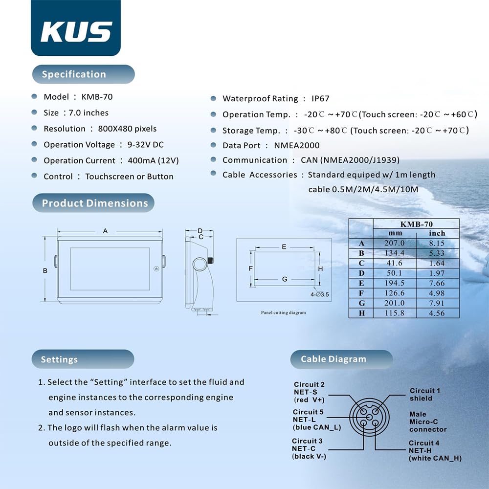 KUS TFT KMB-70 Monitor de datos integrado 7 pulgadas 178 mm Panel de visualización multifunción Compatible con red J1939 o NMEA 2000 para barcos de automóviles Se adapta a motores de dos combustibles