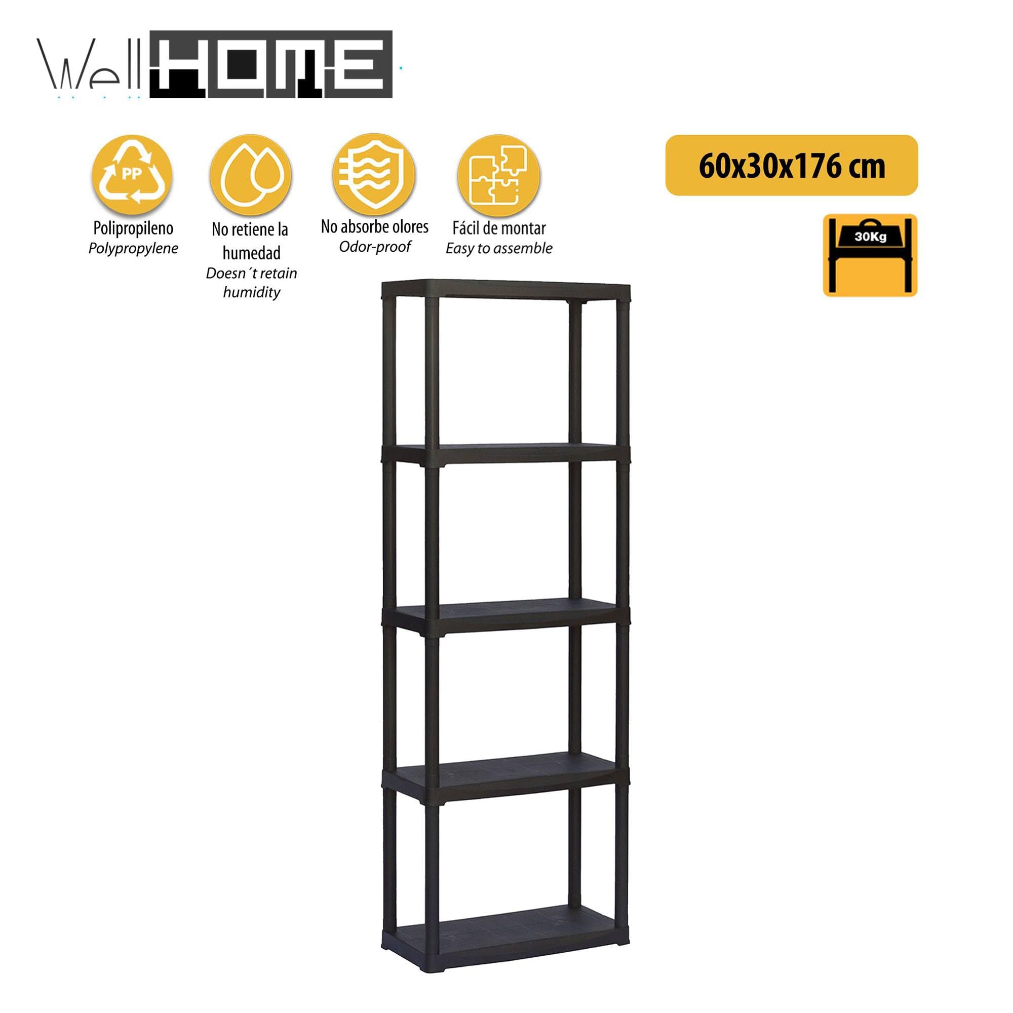 Estantería modular con 5 baldas de 60x30x176cm en polipropileno